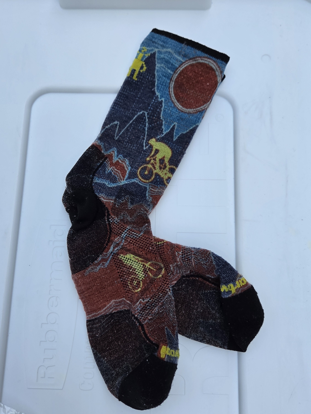 Smartwool Mountain Biking Graphic Crew Socks in Blue, Rust, Yellow